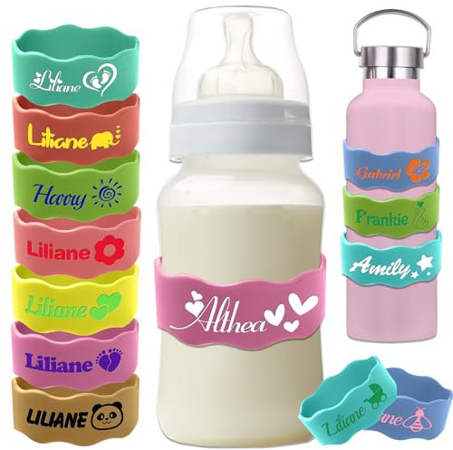 Engraving Personalised Baby Bottle Bands Custom Waterproof Baby Bottle Name Labels for Daycare School Customized Reusable Silicone Name Bands for Kids Cups