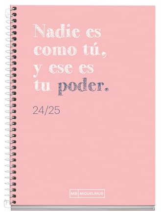 Miquelrius Schülerkalender 2024-2025, September 24 bis Juni 25, 117 x 174 mm, Tagesplaner, Einband aus Karton, Kalender 2024 2025, Spiralbindung, Weiß, Spanisch und Englisch, Rosa