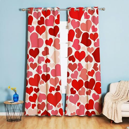 Vorhänge Rotes Herz Gardinen Weich Verdunklungsvorhänge Thermovorhang Vorhang Blickdicht Gardinen mit ösen Vorhänge Wohnzimmer Schlafzimmer Waschbar Curtains(2x140x250cm)