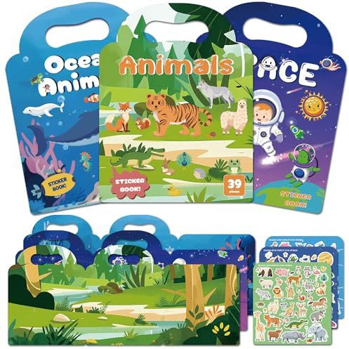 BIROYAL Wiederverwendbare wasserdichte Stickerbuch Spielzeuge für Kinder, Sticker Book for Kids 2-4, 3D Aufkleber, Sticker Set pädagogische Lerngeschenk, Tiere Weltraum Unterwasserwelt 3er Pack