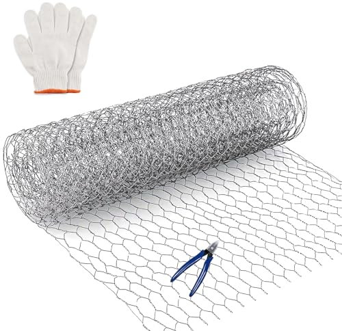 MAIYADUO Floristry Chicken Wire, Chicken Wire Mesh 350mm x 3m 1 Roll, Galvanized Hexagonal Fine Garden Fence Wire Netting for DIY Craft Garden Protection, with Cutting Pliers and Gloves