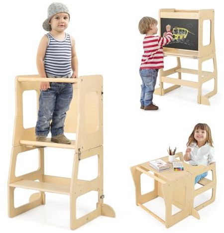 COSTWAY 3 en 1 Tour d'apprentissage Enfant avec Tableau Noir, Tour d'observation Montessori en Bois avec Rail de Sécurité & Pieds Anti-Bascule, Charge 60kg pour Enfant de 3 Ans+, Naturel