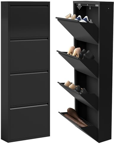 STEELSØN Schuhschrank hoch Astrion, Schuhregal schmal und platzsparend, Schuhkipper mit 4 Fächern, Schuhschrank schwarz Metall,Maße 136x15x50 cm