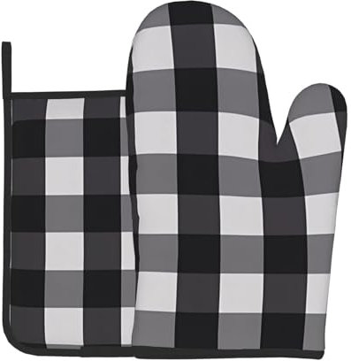 Juego de dos piezas para hornear de cocina a cuadros en blanco y negro, guantes de horno y soportes para ollas