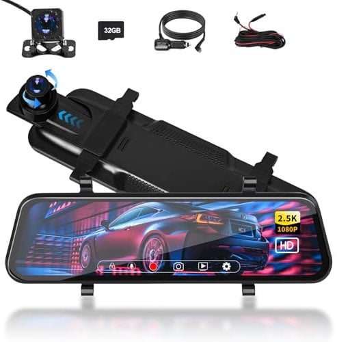 Podazz Mirror Dash Cam, 10'' Full Touch Screen Dual Dash Cam 2.5K Front and Rear Camera with 32GB SD Card, Super Night Vision, 170°Wide Angle, Parking Assistance, Loop Recording Dash Camera for Cars