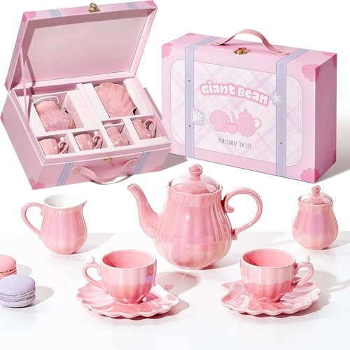 Giant bean Juego de té de porcelana, juego de fiesta de té real rosa perla para niñas pequeñas, tetera, taza y platillo, azucarero y maleta, para niños pequeños