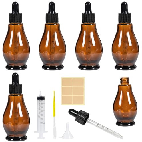 Nadisean Glass Dropper Bottles 50ml, 6 Pack Pear Shaped Amber Glass Bottle with Dropper, Refillable Pipette Dropper Bottle with Funnel Stickers for Oil Aromatherapy Blends Massage Perfumes