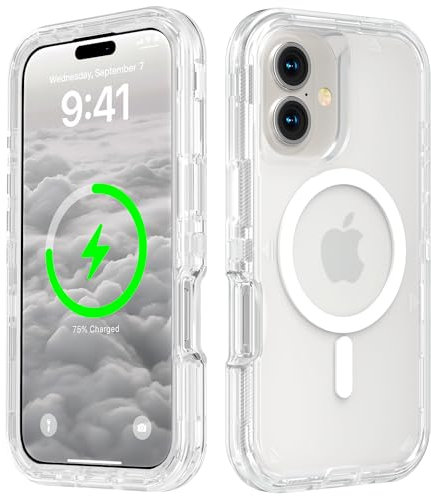 Follaroma for iPhone 16 Plus Case, Compatible with MagSafe, Dual Layer Transparent Magnetic Phone Cases, Heavy Duty Shockproof and Anti-Drop Protective Cover for iPhone 16 Plus, 6.7'', Clear