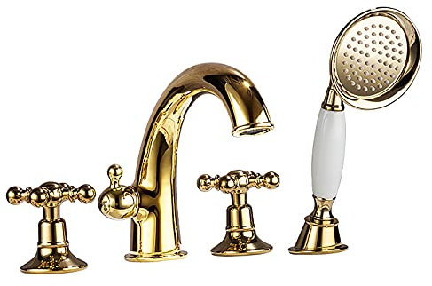 HGJHJJHK Badewannen-Wasserhahn, weit verbreitetes 4-Loch-Badewannen-Wasserhahn-Set, Deckmontage, Goldener Wannenfüller-Wasserhahn, Doppelgriff-Wannenhahn mit Handbrause Decoration