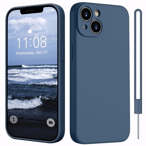 Kukiwhy Hülle für iPhone 14 Silikon mit 1 Lanyard,Microfiber-Innenfutter Dünn Hanyhülle für iPhone 14 5G Case Rundumschutz Kameraschutz stoßfeste Kratzfest Schutzhülle für iPhone 14 6.1'' Dunkel Blau