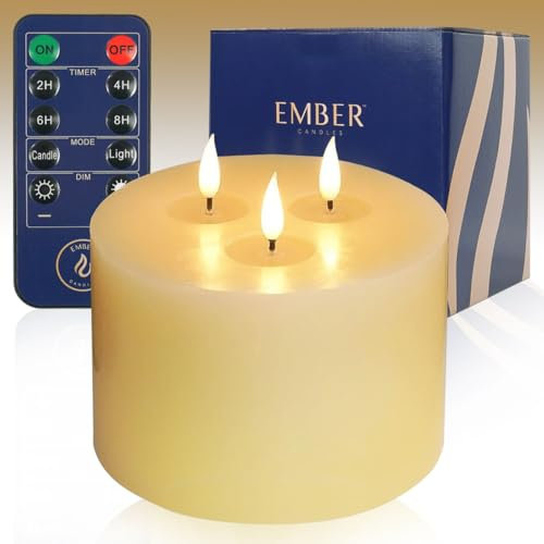 Ember Candles™ 13 cm x 15 cm elfenbeinfarbene dreifach dochte ferngesteuerte LED-Kerze - 100% echtes Wachs, ultra-realistische Flamme, handgegossenes Design, batteriebetrieben, 6-Stunden-Timer für
