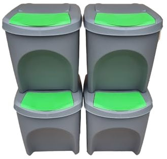 Stolmet Large Stackable Recycling Bins Set of 4x25L (Brand KrysGo) - Customizable Lids with Recycling Stickers - Waste Sorting for Home, Kitchen, Office (Grey + Green)