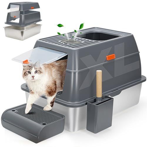WANTRYAPET Bac à litière pour chat en acier inoxydable avec couvercles, pour gros chat, double entrée, haut côté, extra large, anti-fuite, taille XL, gris foncé