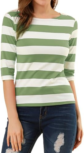 Allegra K Women's Elbow Sleeves Top Casual Boat Neck Slim Fit Stripe T-Shirt Bean Green White L