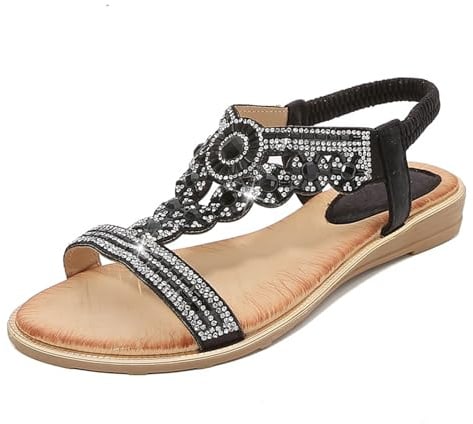NBOFIEHY Sandals for Women Low Wedge Heel Bohemian Sandals Ladies Diamante Rhinestones Slingback Sandal Flat Open Toe Shoes for Summer Vacation Beach