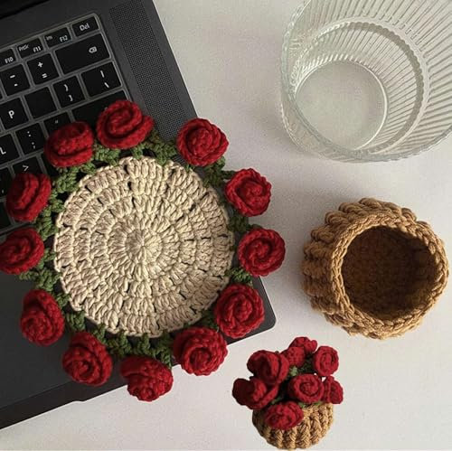YUYQAQ 1Pcs Crochet Flower Blanket Coasters,DIY Handmade Vintage Crochet Rose Flower Bouquet Material Pack,Knitted Decorative Coasters Gifts for Mother's Day Birthday Home Decor