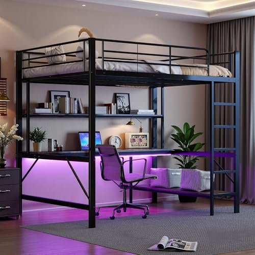 Letto a soppalco per bambini 140 x 200 cm,letto a castello matrimoniale 140x200 in metallo con prese USB e elettriche, con illuminazione a LED,scrivania,con sponde e scaletta,diversi ripiani,Nero
