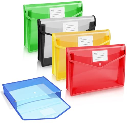 Vicloon Sichttasche Dokumenten, 5 Stück Dokumententasche A5 Dokumentenmappe Kunststoff Sammelmappen mit Etiketten und Druckknopf für Dokument Organisieren (Horizontal) (Blau+Gelb+Rot+Grün+Weiß)