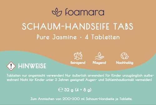 Foamara Soap Tablets for Foam Soap, Pure Jasmine Fragrance, Hand Soap in Tablet Shape for Dissolving in Water, foamara Foam Hand Soap Tabs - Economical, Sustainable (4, 1 Pack)