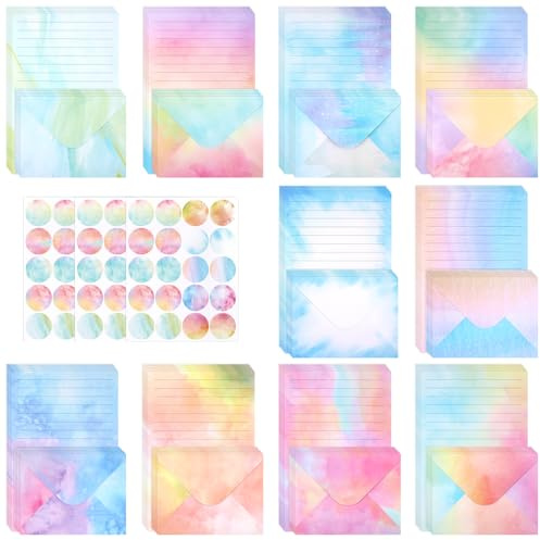 160 Pcs Watercolour Writing Paper and Envelopes for Invitations and Letters | 50 Lined Paper,50 Envelopes ,60 Round Stickers, Letter Writing Set,for Valentine’s Day, Birthday, Office,Weddings, Christmas