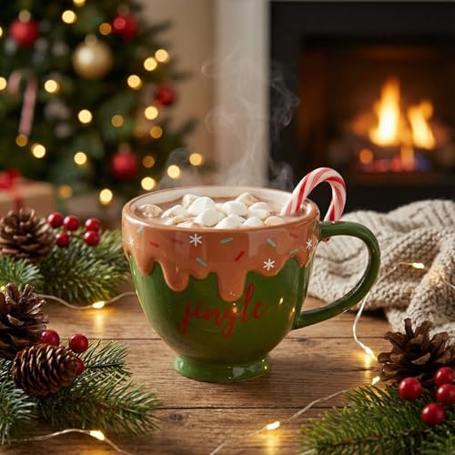 MIJOMA Weihnachtstasse aus Keramik 350ml – große Kaffeetasse im Weihnachtsdesign mit Zuckerguss-Dekor – festliche Tasse für Winter, Kakao & Glühwein (Jingle Grün)