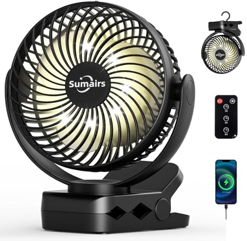 Sumairs 5.5 Clip on Fan, 10000mAh Rechargeable Camping Fan with Max 55H Battery, Remote,LED Light & Power Bank,3 Speeds, 360° Rotate Desk/Hanging Tent Fan Portable for Outdoor, Travel,Gym & Office F2