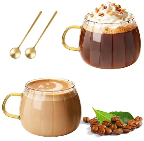 LOOFORE Glass Coffee Mugs 15oz 460ml with Handle and Spoon, Set of 2