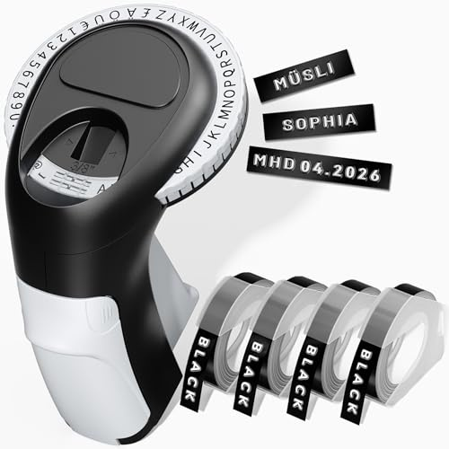VolenGo Beschriftungsgerät Prägegerät, Etikettiergerät Prägegerät, Omega-S Ettikettiergeraet mit 4 Etikettenbandern, Retro Prägemaschine – Hausgebrauch & DIY-Bastelprojekte, Schwarz (€ Ä Ö Ü)