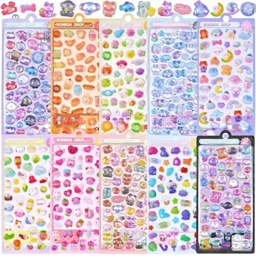 Rusokufo 500+ 3D Puffy Aufkleber Set 10 Bögen Niedliche Gelee Sticker Harz Deko Für Scrapbooking Tagebuch Laptop