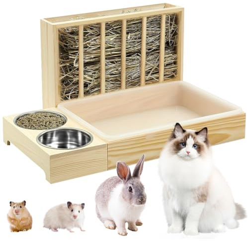 Rabbit Litter Tray With Hay Feeder | 52CM Large Wooden Bunny Litter Tray | Guinea Pig Hay Box with Food Dispenser | Small Pet Animals Grass Food Holder With Bowls For Guinea Pig Chinchilla Hamster