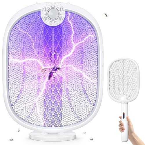 Rolgno 4000V Racchetta Zanzare Elettrica, 180° Piegabile Paletta Elettrica | Ammazza Zanzare Elettrico con Auto UV & Manuale, 1800mAh Ricaricabile, 5 Strati Paletta Elettrica per Interni Esterni Cucina