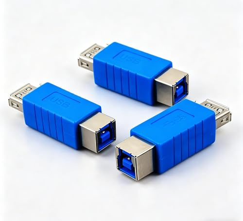 RHINORO, 3-Pack, USB 3.0 Type-B Female to Type-A Female Adapter, Blue, Converts Printer or MIDI Keyboard Cable to USB-A Extension Cable, USB Coupler