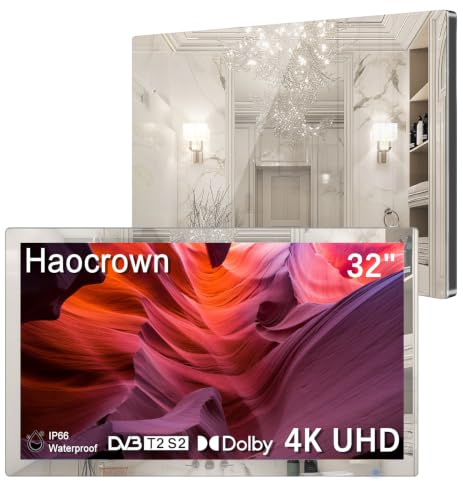 Haocrown 32 4K Ultra HD Smart Bathroom Mirror TV, IP66 Waterproof, Android 13 OS Built-in Voice Assistant (Remote with Mic), ATSC Tuner, 500 cd/㎡ High Brightness, Black Frame