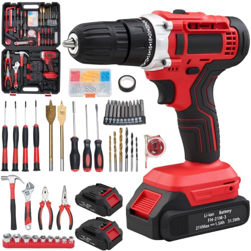 INMOZATA 113-Piece Tool Kit with Cordless Drill with 2 Batteries | Cordless Electric Drill for Home Hand Repair, Basic Tool Box Tools Sets Drills Case, Red
