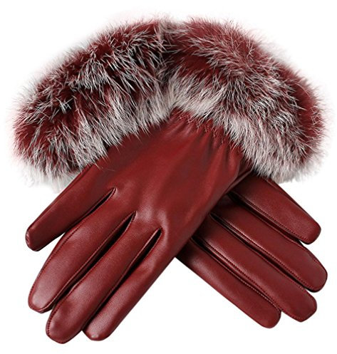 SHOBDW Damen Handschuhe, Frauen Leder Handschuhe Herbst Winter Warm Faux Kaninchenfell Handschuhe Fäustlinge (Rot)