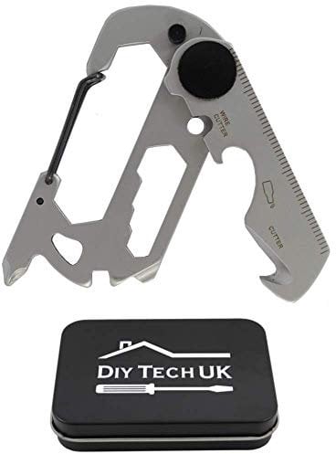 DIY TECH UK - 12 in 1 Pocket Multi Tool - Mini Multitool with Screwdrivers - Carabiner Keyring - Just 73mm - Bottle Opener, Wrench, Wire and Safety Belt Cutter, Ruler, Spanners - with Gift Tin