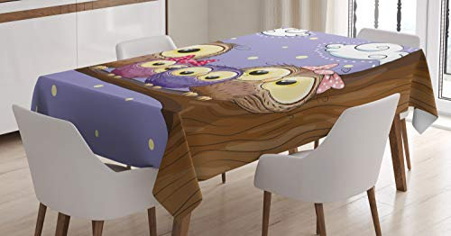 ABAKUHAUS Vogel Tischdecke, Karikatur-Art-Eulen-Familie, Personalisierter Druck mit Klaren Farben Waschbar Wasserfest kein Verblassen, 140 x 200 cm, Lavendel und Braun