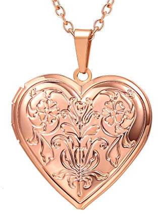 U7 personnalisée photo pendentif coeur Médaillon Photo Femme Plaqué Or Rose Personnalisable Chaîne Pendentif Coeur avec Motif Gravures Fleurs