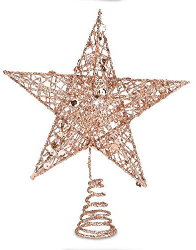 Topper d'Arbre de Noël Scintillant 20cm - Étoile de Fil Métallique Creuse Rose Dorée pour Cime d'Arbre - Décoration de Fête