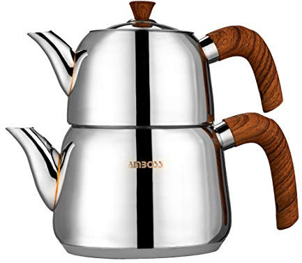 Amboss Ensemble de théière turque avec couvercle à vapeur - 4 pièces - En acier inoxydable - Motif bois - Poignées en bakélite - Compatible avec induction
