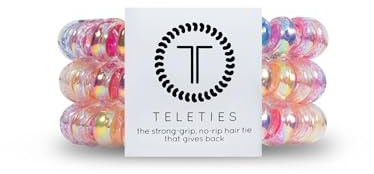 TELETIES - Spiral Hair Coils - Ponytail Holder Hair Ties for Women - Phone Cord Hair Ties - Strong Grip, No Rip, Water Resistant, No Crease Hair Tie Coils - 3 pack (Large, Eat Glitter for Breakfast)