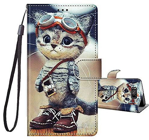 JRIANY Handyhülle für Samsung Galaxy S8 Hülle -5,8 Zoll, PU Leder Flip Case Klappbare Lederhülle mit Muster Motiv Schutzhülle Klapphülle Kompatibel mit Samsung S8 Tasche - Katze C