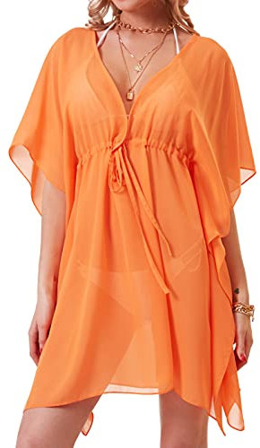soul young beach cover ups for women beachwear Chiffon Sexy lightweight Swimwear Bikini Swimsuit V neck Coverup Lady Kimono(Orange)