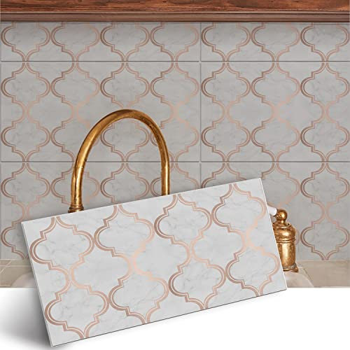 Alwayspon Vinyl-Bodenfliesenaufkleber, rutschfeste selbstklebende Rückseite, Fliesenaufkleber für Küche, Badezimmer, abziehen und aufkleben, PVC graue, goldfarbene Linie,30x15cmx12pcs