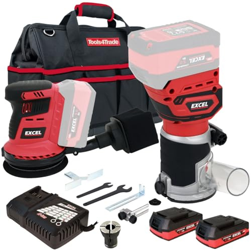 Excel 18V Twin Router Trimmer + 125mm Rotary Sander with 2 X 2.0Ah Battery Charger & Bag - Monster Power Tool Kit - Combo Kit - 18V Cordless Power Tool Kits - Mega Power Tool