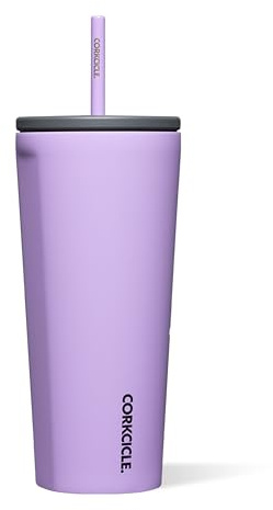 Corkcicle Becher mit Strohhalm und Deckel, wiederverwendbare Wasserflasche, dreifach isolierter Edelstahl-Reisebecher, BPA-frei, sonnengetränktes Flieder, 680 ml