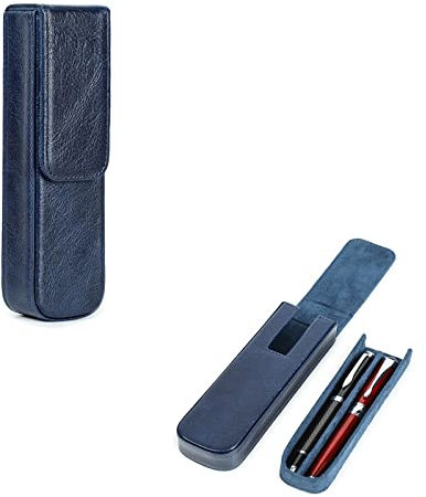 Hiram Federmäppchen, pflanzlich gegerbtes Leder, Aufbewahrungsbox für Füllfederhalter mit verstecktem Magnetverschluss, blau, For 2 Pens, Modern