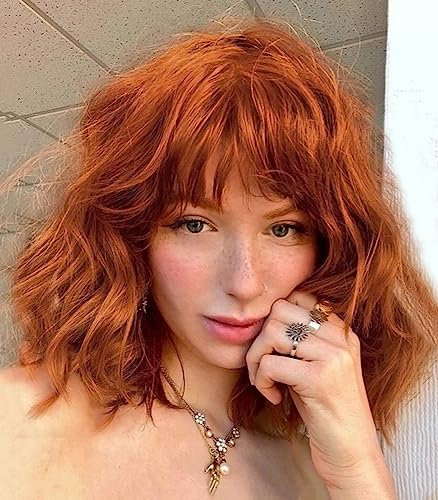 PORSMEER Perücke Damen Bob Schulter Länge Lockig Welle Wig mit Pony Natürliches Synthetische Haar Ginger Wig, Anime Cosplay Halloween Wigs 14 Zoll (Kupferrot)