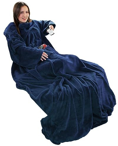 Brandsseller Fluffy TV Blanket with Sleeves Approx. 150 x 180 cm Cuddly Blanket in Flannel / Sherpa Feeling - Double Pocket and Foot Pocket Navy