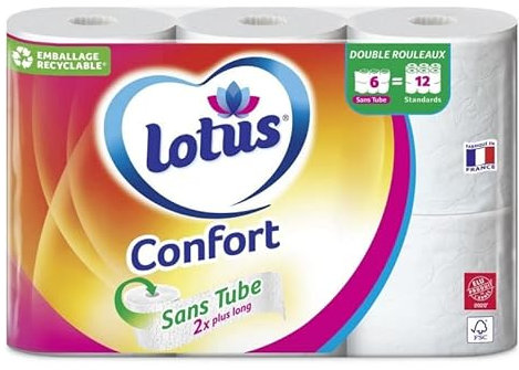 LOTUS Confort - Papier Toilette Ultra Doux Sans Tube - 6 Rouleaux - Respectueux de l'environnement et de votre peau. - Lot De 2 - Vendu Par Lot